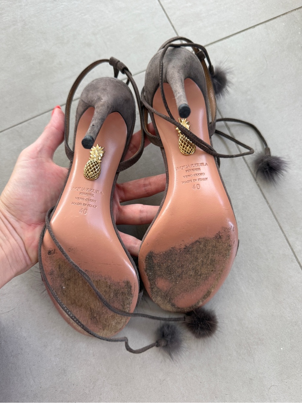 Aquazzura Brown Suede Pom-Pom Lace-Up Stilettos - Picture 3 of 5